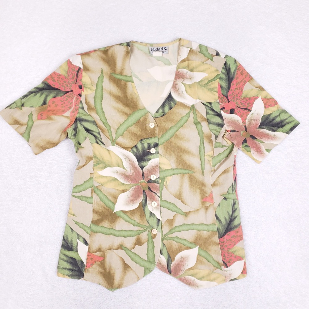 Michael K Company‎ Vintage 90s Tropical Floral Blouse Top SmallHawaiian Resort